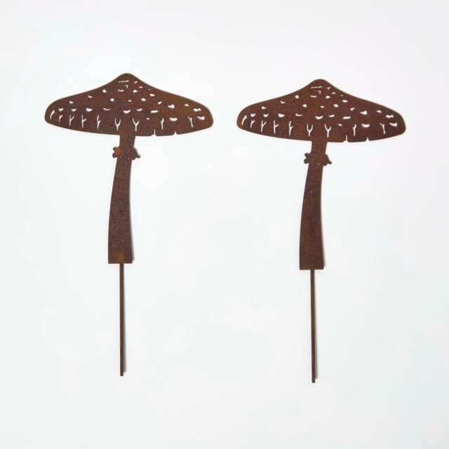 Homescapes Steel Parasol Mushroom Garden Stake Decorations, Set of 2