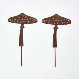 Homescapes Steel Parasol Mushroom Garden Stake Decorations, Set of 2