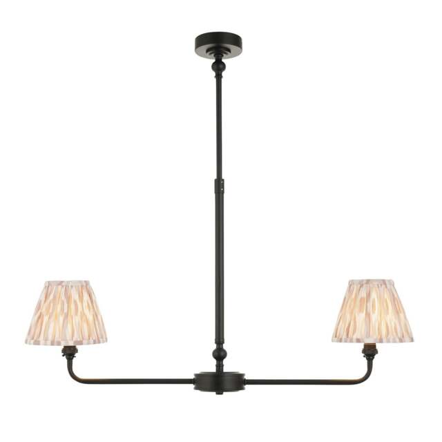 Lille Matt Black Pendant Light with Neutral Print Fabric Ikat Shade 16cm 2x B22