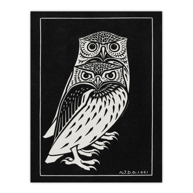 "Two Owls Vintage Animal Painting Vintage Wall Art Print Graag 12x16"""