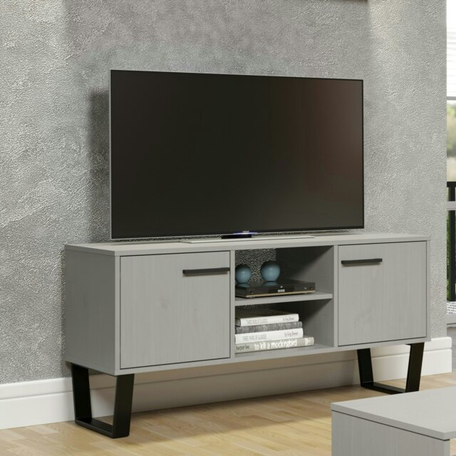 Texas Wide Screen 2-Door TV Unit - Antique Waxed Pine Media Cabinet with Industrial Handles Grey Grey 1