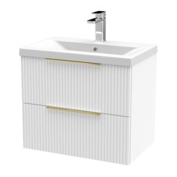 Balterley Fluted Front Wall Hung 2-Drawer Bathroom Vanity Unit with 1 Tap Hole Basin, Handles White Satin White
