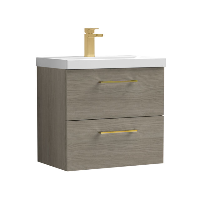 Balterley Wall Hung Bathroom 2 Drawer Vanity Unit and 1 Tap Hole Ceramic Basin, Woodgrain Mid Oak with Handles Brown Solace Oak