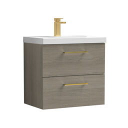 Balterley Wall Hung Bathroom 2 Drawer Vanity Unit and 1 Tap Hole Ceramic Basin, Woodgrain Mid Oak with Handles Brown Solace Oak