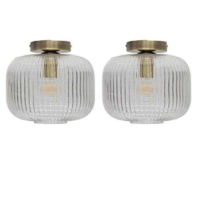 Set of 2 Batley Large - Ribbed Glass Antique Brass Ceiling Lights