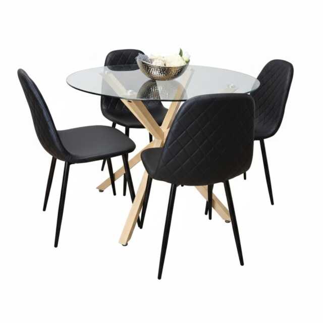 Kosy Koala Round Glass Dining Table Set With 4 Black Gem Pattern Chairs Dining Room Furniture