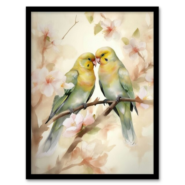 Two Love Birds Cherry Blossom Watercolour Black Framed Wall Art Print A4