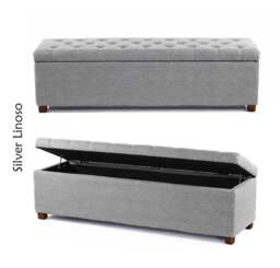 Linoso Chesterfield Silver Ottoman Storage Box with Square Wooden Legs - Upholstered Blanket Box (90W x 40D x 45H cm)