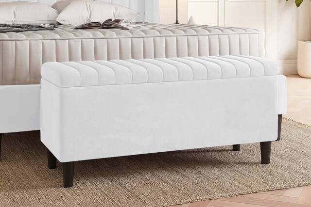 90cm Lined Upholstered Ottoman Storage box - White Plush Velvet Blanket Storage Box with Wooden Legs