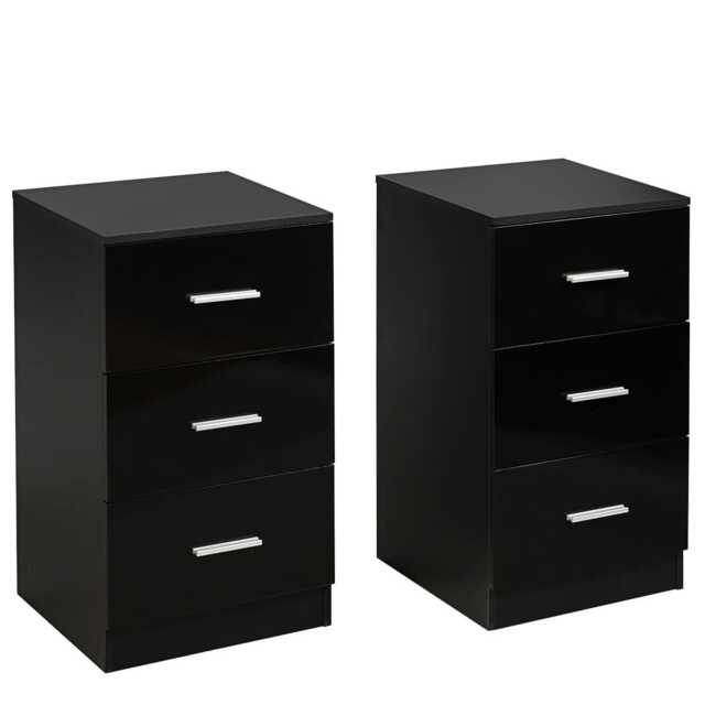 COSTWAY 2Pcs NightStand 3-Drawer Chest Storage Dresser Black Black