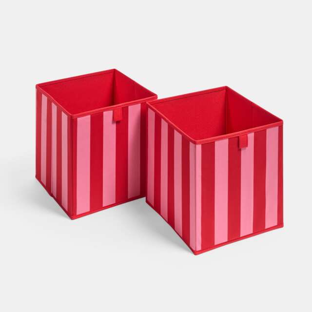 OHS 2 x Stripe Print Cube Storage Boxes Folding Shoe Organiser Pink Red/Pink