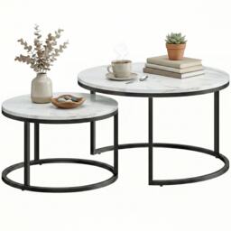 HOMCOM 2 Pcs Stacking Coffee Table Set Steel Frame White Marble White