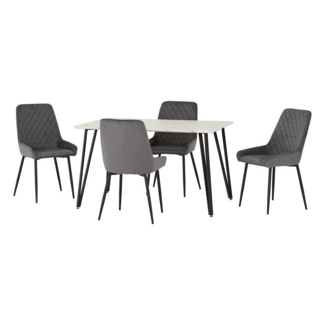 Marlow & Avery Indoor Dining Set with 4 Chairs - White Marble - Grey Velvet Grey White Marble/Grey 5