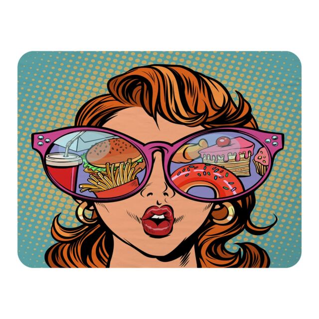 Woman with sunglasses. Fast food and sweets in the reflection Designer Blanket Multi