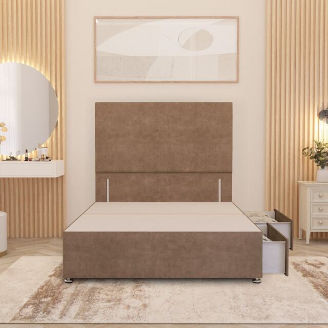 Divan Bed Base with 2 Drawers & Plain Floor Standing Headboard Plush Velvet Brown Beige