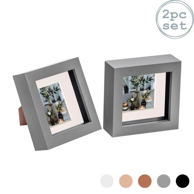 "Nicola Spring 4 x 4"" Photo Frames - Grey/Ivory Mount - 3D Picture Frame Box Portrait Display Case (12.5 x 12.5cm) Set of 2"