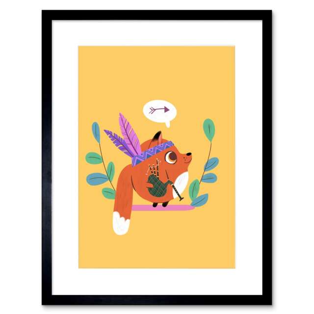 "Cute Fox Scottish Bagpipes Native Cartoon Kids Bedroom 9x7"" Black Framed Wall Art Print"
