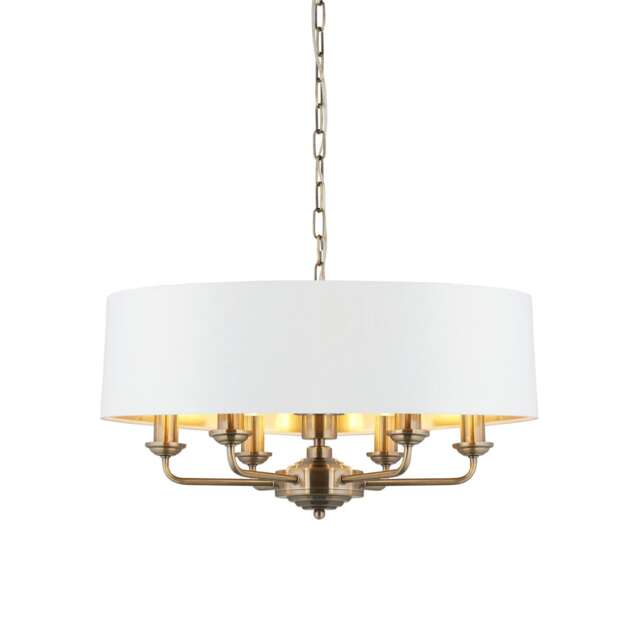 Highclere 6 Lamp Single Shade Pendant Ceiling Lamp, Antique Brass Plate, Vintage White Fabric