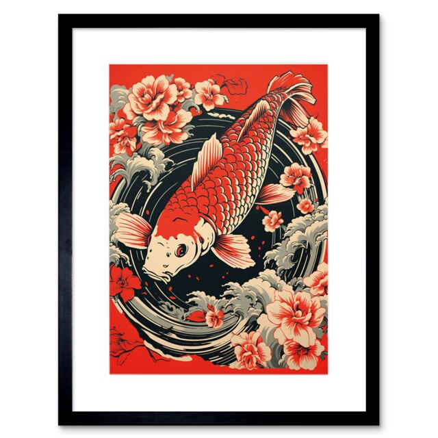 "Koi Fish Carp Japan Whirlpool Red Black Floral 9x7"" Black Framed Wall Art Print"