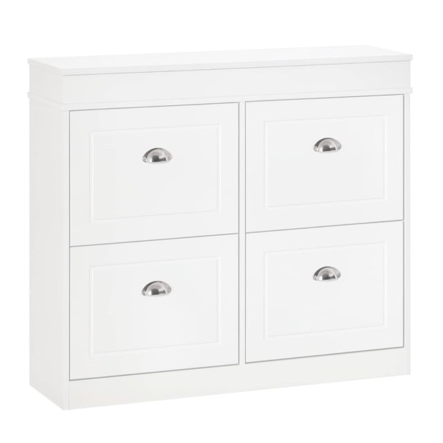 HOMCOM Shoe Cabinet with 4 Flip Drawers Wood Tipping Bucket Narrow Storage Cupboard with Adjustable Shelf Hall Organizer for Entrance Foyer White