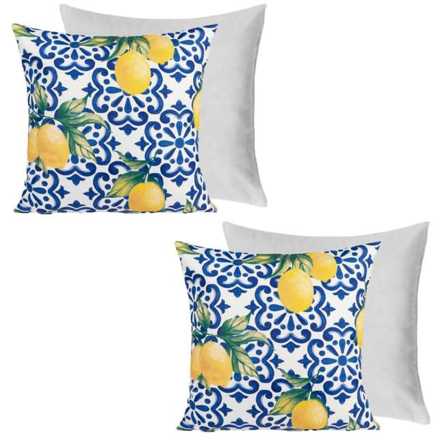 OHS 2 x Water Resistant Outdoor Lemon Garden Filled Chair Cushions, 45x45cm - Blue
