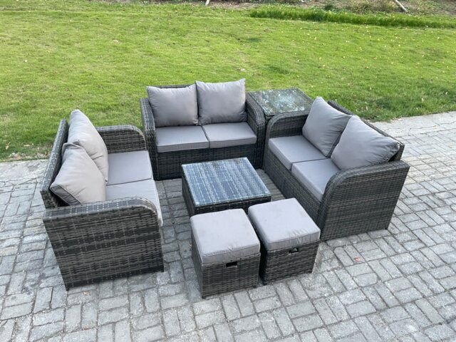 Fimous Outdoor Garden Furniture Sets 8 Seater Wicker Rattan Furniture Sofa Sets with Square Coffee Table Love seat Sofa 2 Small Footstools Side Table