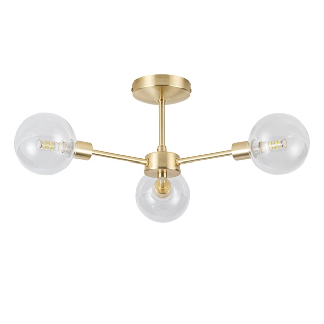 Toner - Satin Brass with Clear Globes 3 Light Flush Ceiling Light Gold Satin brass plate and clear glass Medium 1