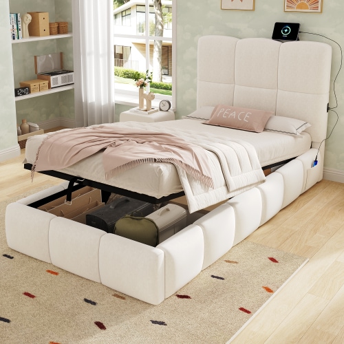 VILUXE 3ft Single Hydraulic Storage Bed with USB and Type-C Charging, Upholstered Headboard and Lift-Up Compartment, Beige Velvet, 90 x 190cm