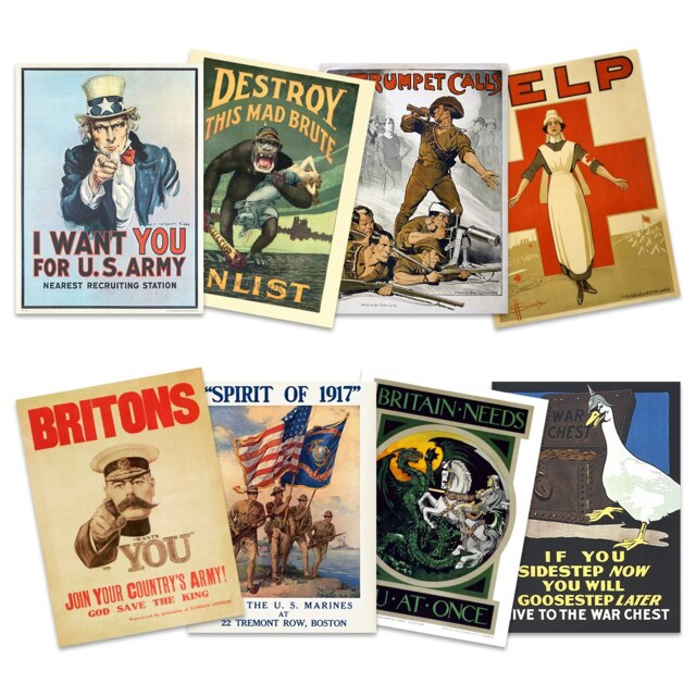 Pack of 8 US UK Allies Military Recruitment World War 1 Uncle Sam Kitchener Marines Mad Brute Wall Art Poster 12x16 Inch