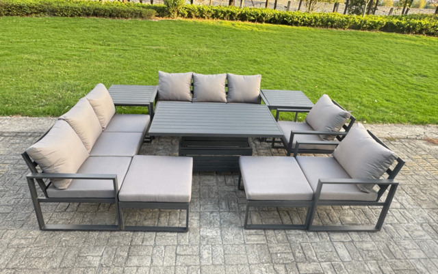 Fimous Garden Aluminium Furniture Set Dark Grey 10 Seater Outdoor Patio Adjustable Rising Lifting Dining Table with 2 Big Footstools 2 Side Tables Dark Grey