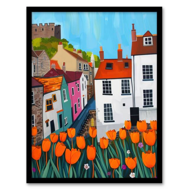 Blooming Tulip Flowers Yorkshire Castle Town Black Framed Wall Art Print A4