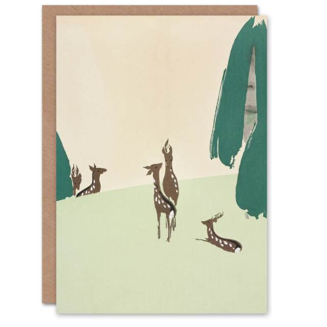 Kamisaka Sekka Art Card Deer Forest Vintage Japanese