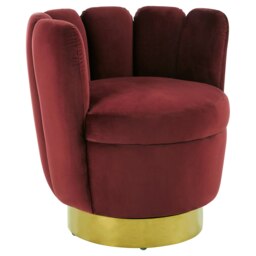 Orsina Wine Velvet Accent Chair With Gold Base, Plush Scalloped Cocktail Chair For Livingroom, Swivel Accent Seat