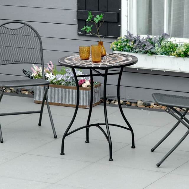 Outsunny 60cm Mosaic Round Bistro Table Outdoor Garden Side Table, Black Black