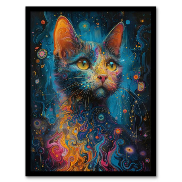 Cat Lover Colourful Abstract Psychedelic Black Framed Wall Art Print A4