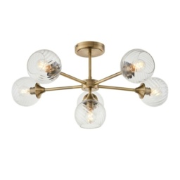 Allegra 6 Light Multi Arm Glass Shade Semi Flush Ceiling Lamp Antique Brass
