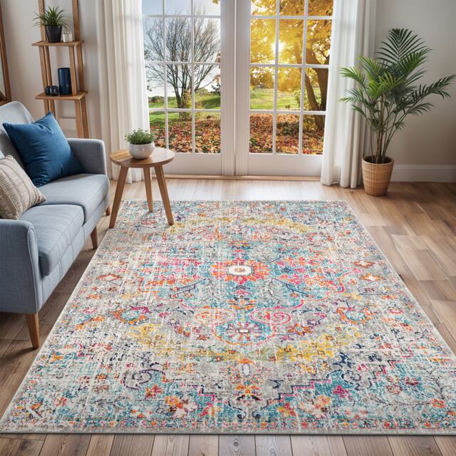 LIVABLISS Harput-Vintage Traditional Boho Rug 160 x 220 cm Blue Orange Yellow Grey