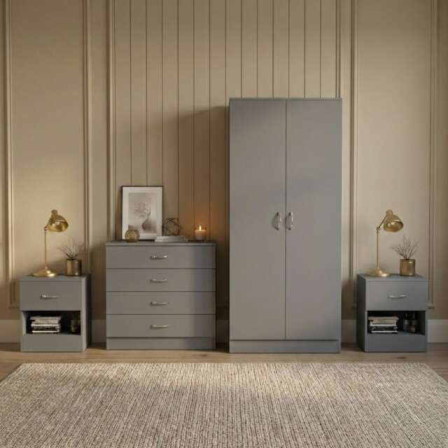 Vida Designs Riano 4 Piece Bedroom Set (2x 1 Drawer Bedside Chest, 4 Drawer Chest, 2 Door Wardrobe) - Grey