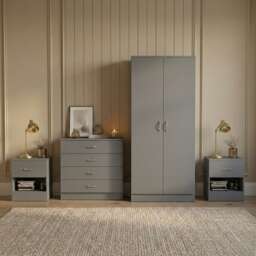 Vida Designs Riano 4 Piece Bedroom Set (2x 1 Drawer Bedside Chest, 4 Drawer Chest, 2 Door Wardrobe) - Grey
