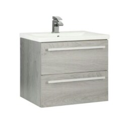 Bathroom 2-Drawer Wall Hung Vanity Unit with Ceramic Basin 600mm Wide - Silver Oak - Brassware Not Included Brown Brown 1