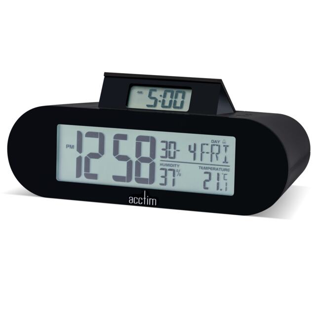 Acctim Kian Digital Alarm Clock Crescendo Alarm Date, Temperature & Humidity Display Pop Up Alarm Black Soot