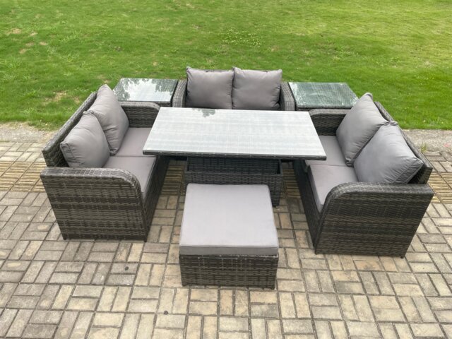 Fimous Rattan Garden Outdoor Furniture 3 PC Love Sofa Set Patio Adjustable Rising lifting Dining Table With 2 Side Tables Big Footstool