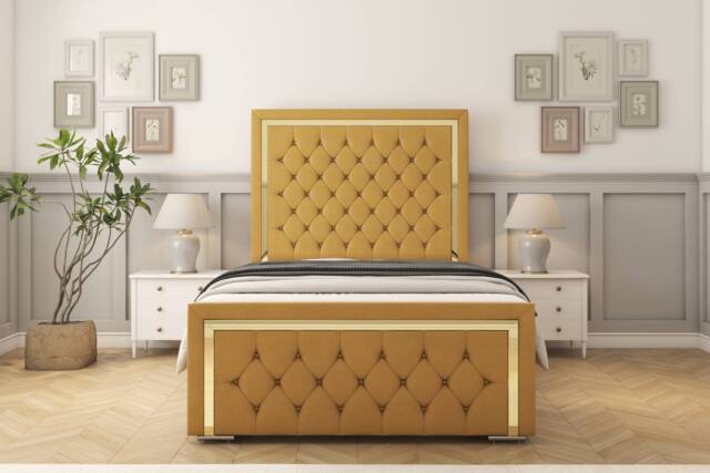 "Sloomy Sofia Gold Mustard Plush Bed Frame With Mattress With 50"" Upholstered Headboard 5' King"
