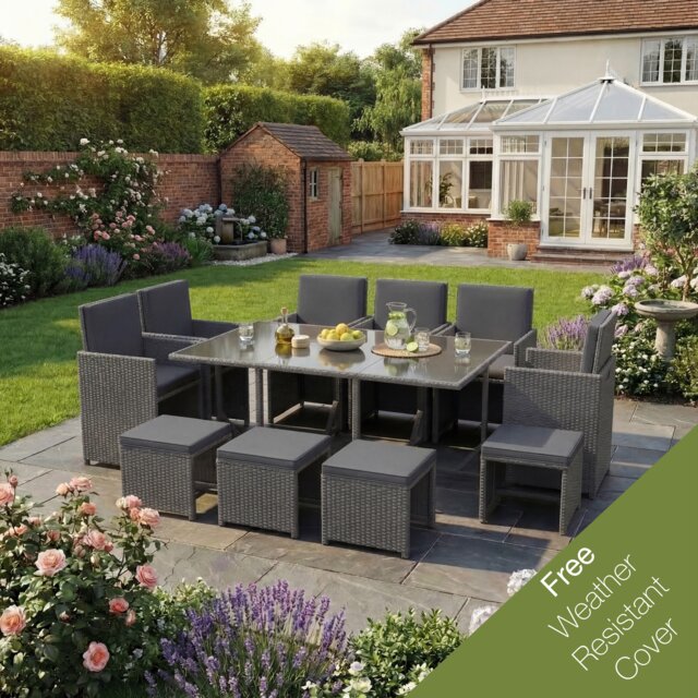 Garden Vida Cuba 10 Seater Rattan Set Folding Chair Stool Dining Table Outdoor Garden Furniture With Cover, Grey