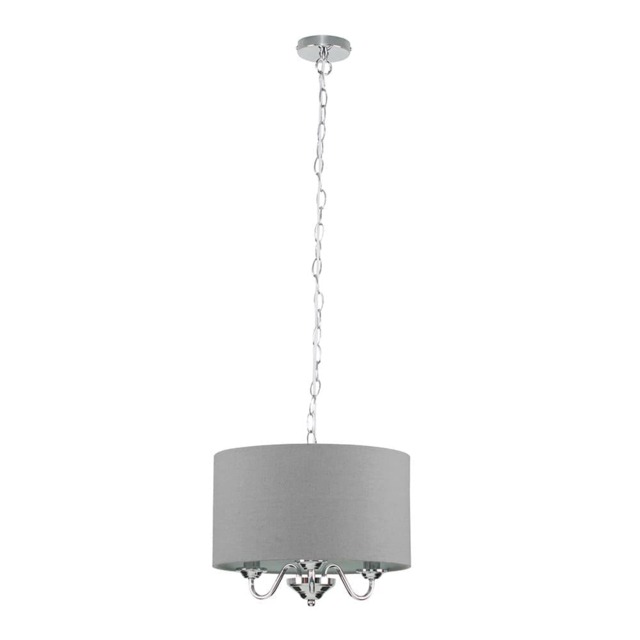 ValueLights Rocha Chrome 3 Way Curved Arm Grey Linen Slimline Drum Ceiling Light Pendant