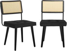 London Boutique Set of 2 Rattan Back Dining Chairs with Velvet Padded Seat