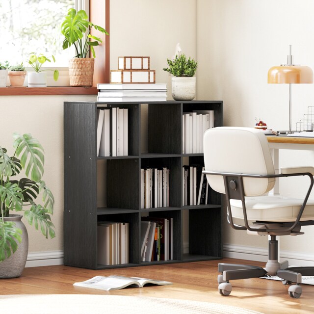 HOMCOM 3 Tier Bookshelf, Modern Cube Bookcase with 9 Open Storage Compartments, Freestanding Display Storage Unit for Living Room, Bedroom, Study, Black Black