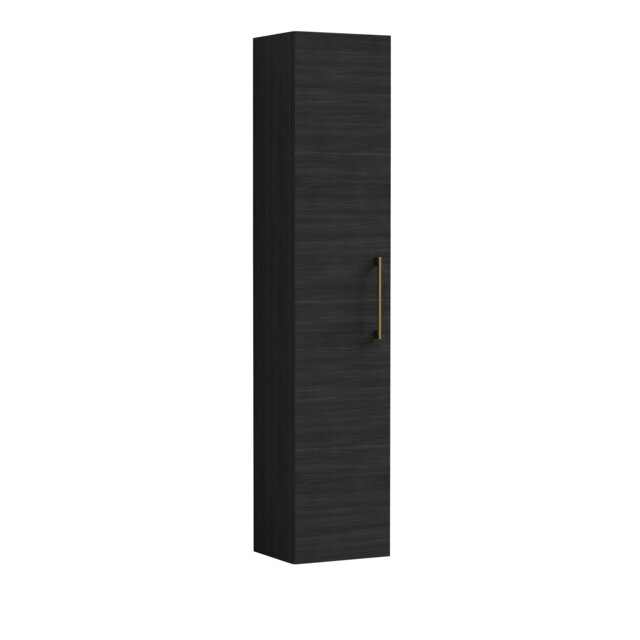 Balterley Level Modern Bathroom 1 Soft Close Door Wall Hung Tall Storage Unit, with Handle Black Black Woodgrain