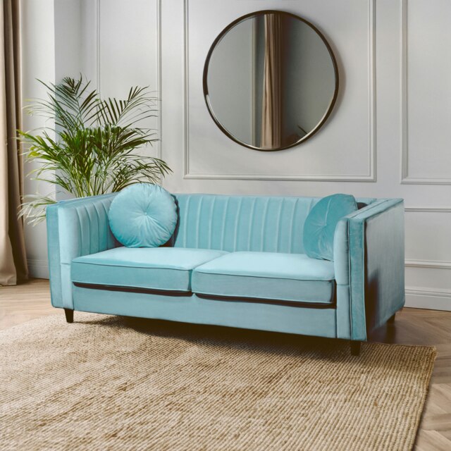 Farah Three Seater Pastel Green Velvet Sofa Green Three Seater