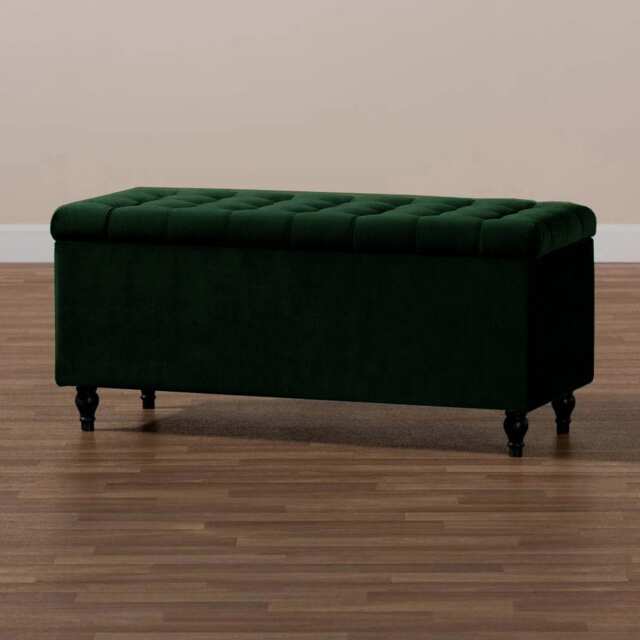 90cm Cubed Ottoman Storage Box,Forest Green Velvet Upholstered Chesterfield Storage Ottoman Box with Wooden Legs